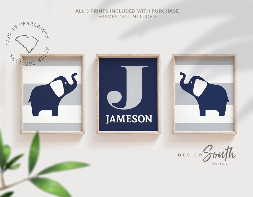 Nursery wall decor, boys art, elephants, navy blue and gray art, wall art for playroom, art for child bedroom, personalized name print boy