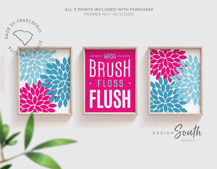 Hot pink girl's bathroom decor, wash brush floss, flush art print, floral bathroom decor pink blue, bright colorful bathroom wall art girl