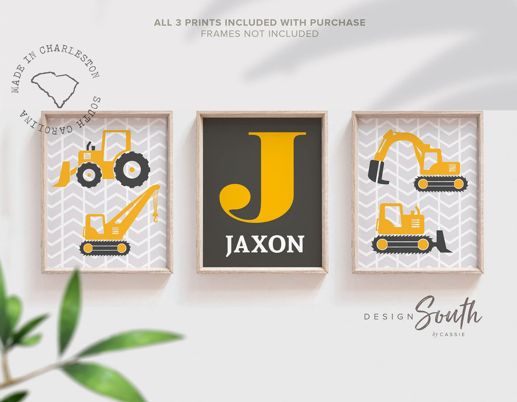 Construction nursery, construction bedroom, crane, digger, gray yellow construction, wall prints construction trucks personalized boys name