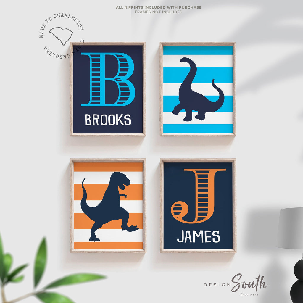 Brothers dinosaur bedroom wall art, orange blue navy dinosaur toddler kids room, boys shared bedroom wall art, decor brothers room art ideas