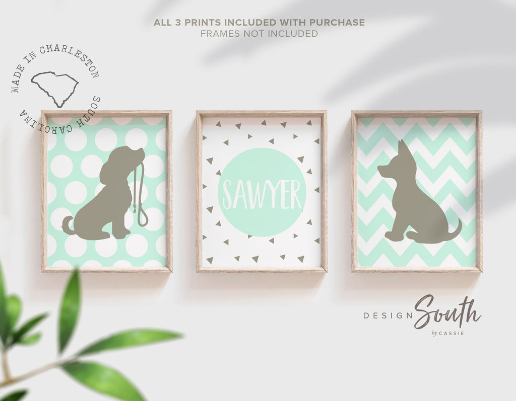 Mint unisex nursery decor, mint and gray nursery decor, puppy dog theme nursery decor unisex gender neutral, personalized name with dogs