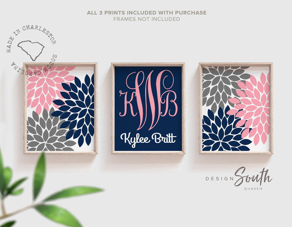 Pink and navy wall art, pink navy nursery, monogram wall art, baby girl nursery wall art, girls bedroom wall art, girls bedroom wall decor