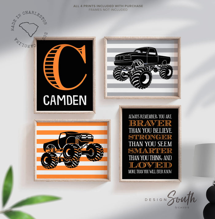 Monster truck wall personalized name for boys room decor, truck theme wall prints, boys monster truck with name, toddler truck bedroom decor