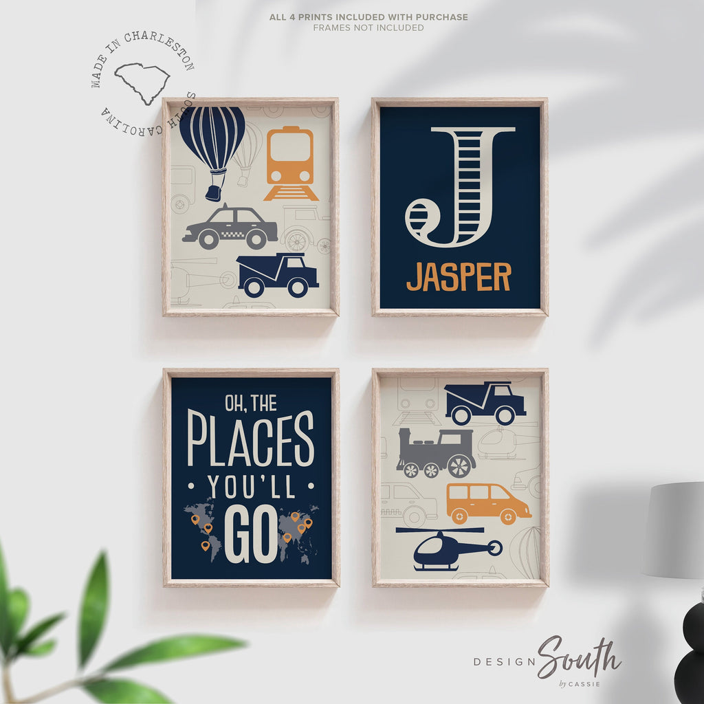 Transportation theme nursery decor, gray orange navy blue oh the places youll go, personalized print transportation helicopter train decor