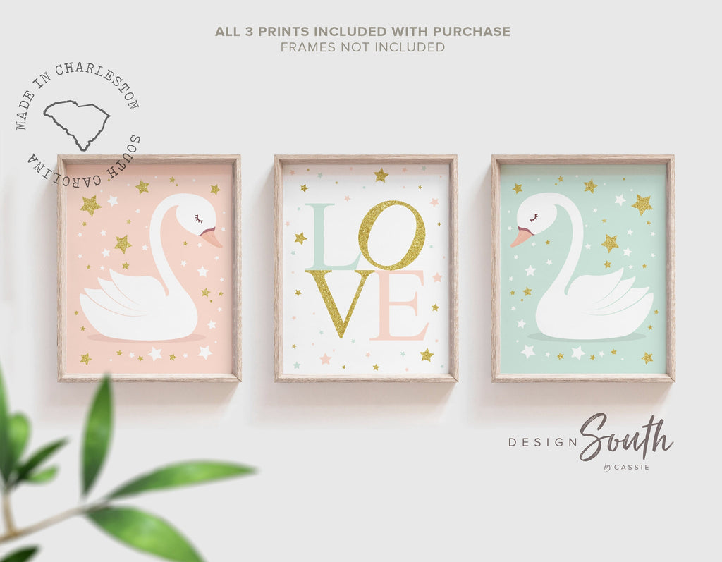 Love print set nursery wall, swan gift for little girl room, swan nursery decor, baby girl love print, swan print, wall art girl bedroom