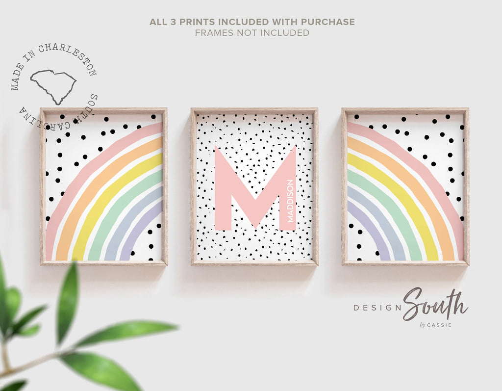 Nursery wall decor, monogram print for girls, pastel baby name art, prints for girl bedroom, playroom print set rainbow, girls monogram art