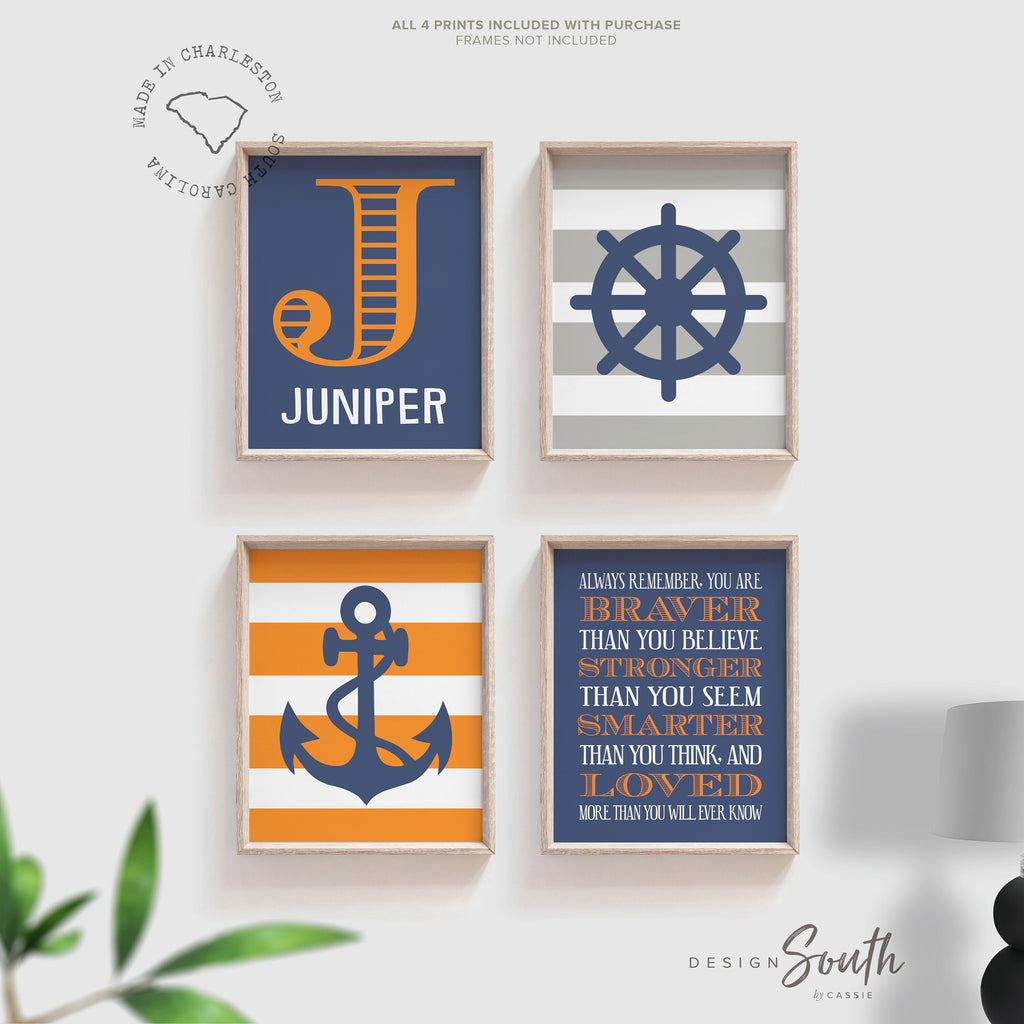 Boys nautical nursery decor, nautical nursery gray navy and orange, boys nautical wall art, orange navy nautical nursery, baby boy nautical