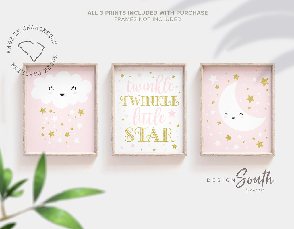 Baby girl nursery pink and gold, wall prints, baby shower gift for baby girl, pink gold decor, moon stars, baby girl wall art, gold sparkles