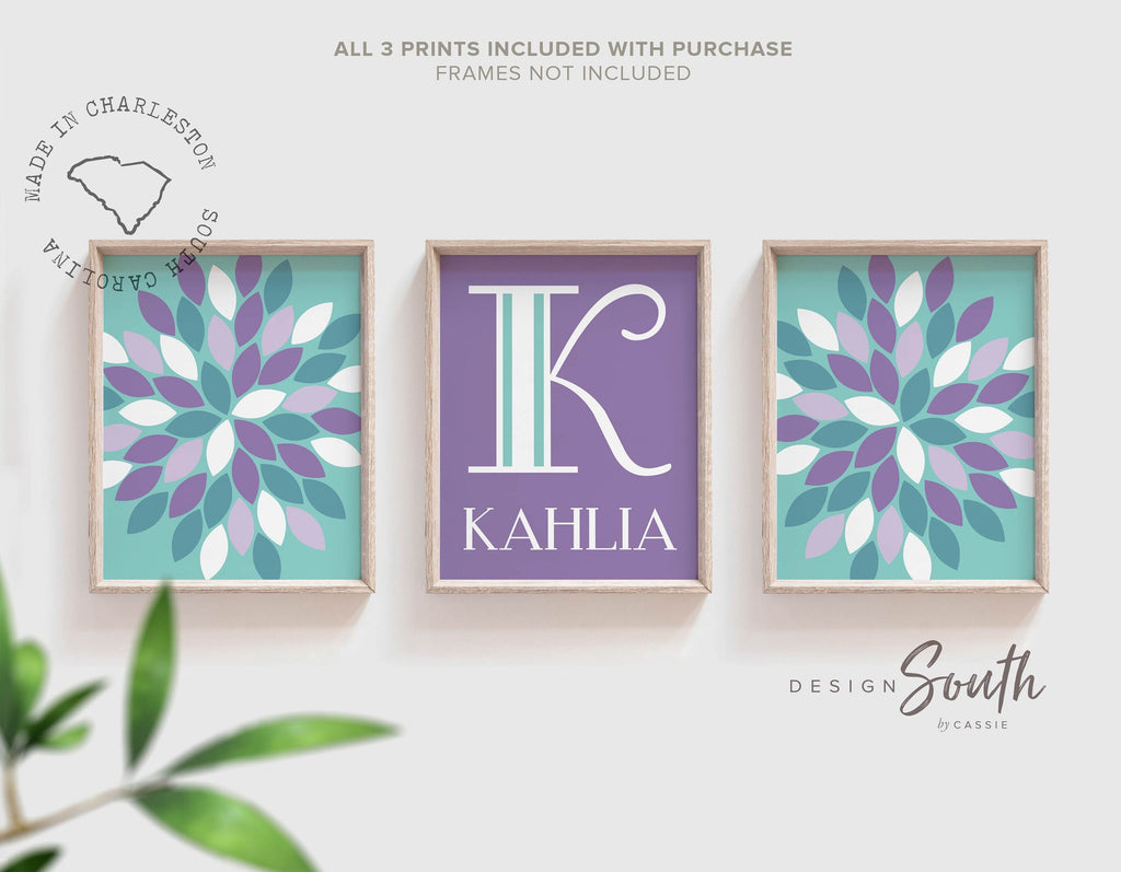 Modern girls name floral decor, bedroom wall art pictures, personalized name art girls monogram, flower burst, girls bedroom decor initial