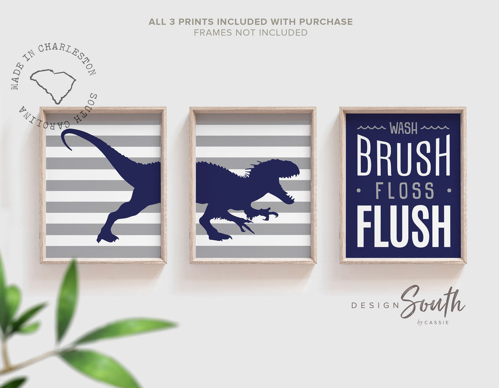 Boys bathroom navy blue and gray, boys blue and gray dinosaur prints, dinosaur bathroom theme, wash brush floss flush dinosaur, kid dinosaur
