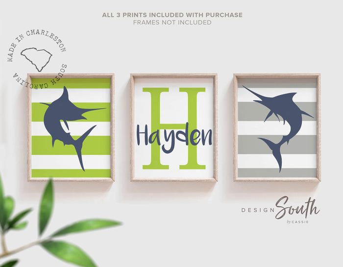 Marlin fish gift for boy, deep sea fishing wall art prints fishing nursery, boy saltwater fishing art, boy fishing bedroom personalized name