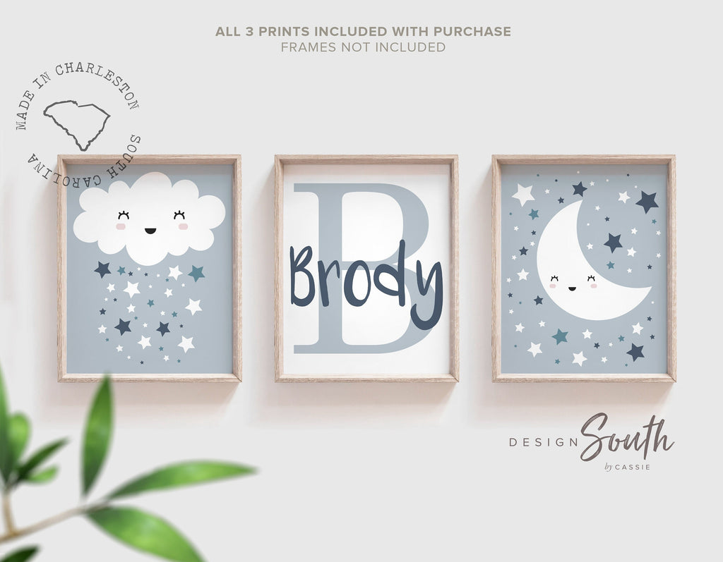 Baby boy nursery wall art, personalized boys name, baby blue and gray, moon & stars, nursery art for boy, idea for nursery, neutral boys art