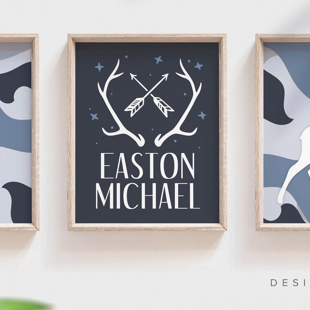 Blue camo boys deer themed room wall art, blue deer boys bedroom decor, boys deer blue and navy, custom deer gift baby boy, deer baby shower