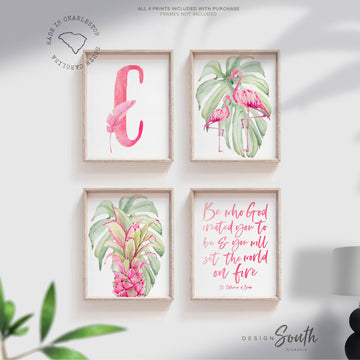 Be who God created you to be and you will set the world on fire St. Catherine of Siena quote art print, flamingo pineapple, tropical nursery