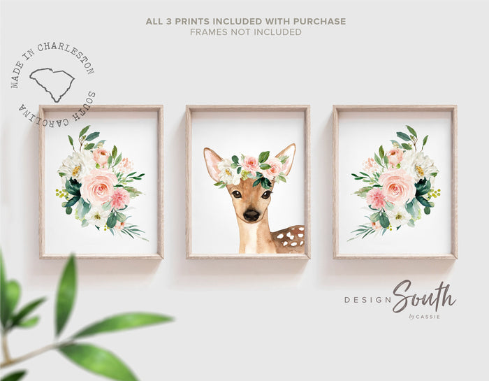 Blush Pink Fawn Nursery Decor — Girls' Woodland Deer Art