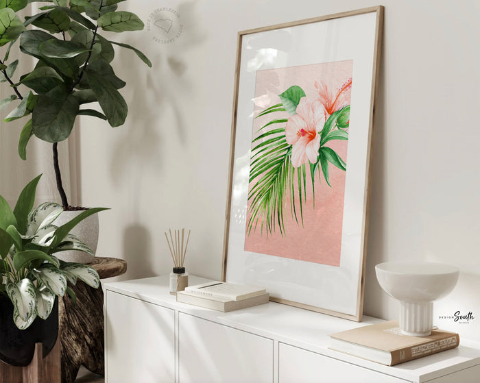 Peach palm coral tropical prints, bright floral tropical nursery art, palm beach baby room, blush peach gold tropical girl nursery bedroom