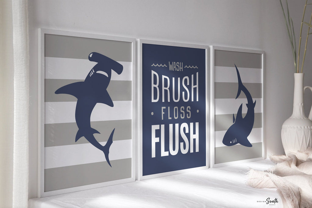 Boys gray and navy blue shark bathroom, kids bathroom sharks, boys nautical bathroom, wall shark prints for boys, ideas for toddler bathroom