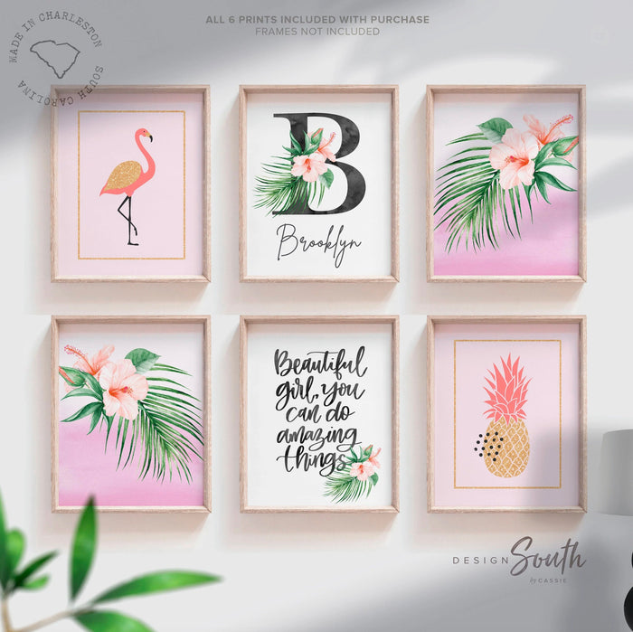 Pink and coral tropical nursery, baby girl tropical flowers nursery, coral and pink baby name and quote, little girl tropical playroom idea