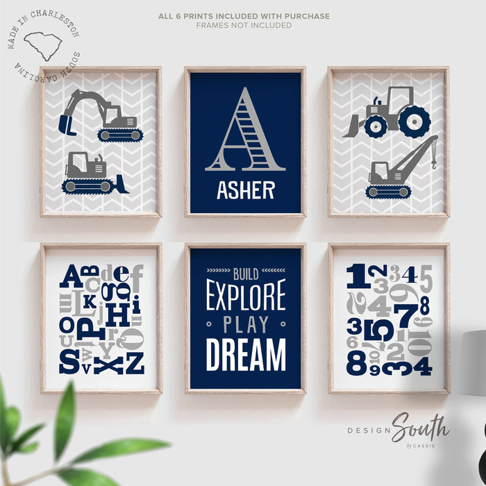 Blue gray construction bedroom theme, little boy construction decor, construction with quote abc's 123's boy's name, build explore prints