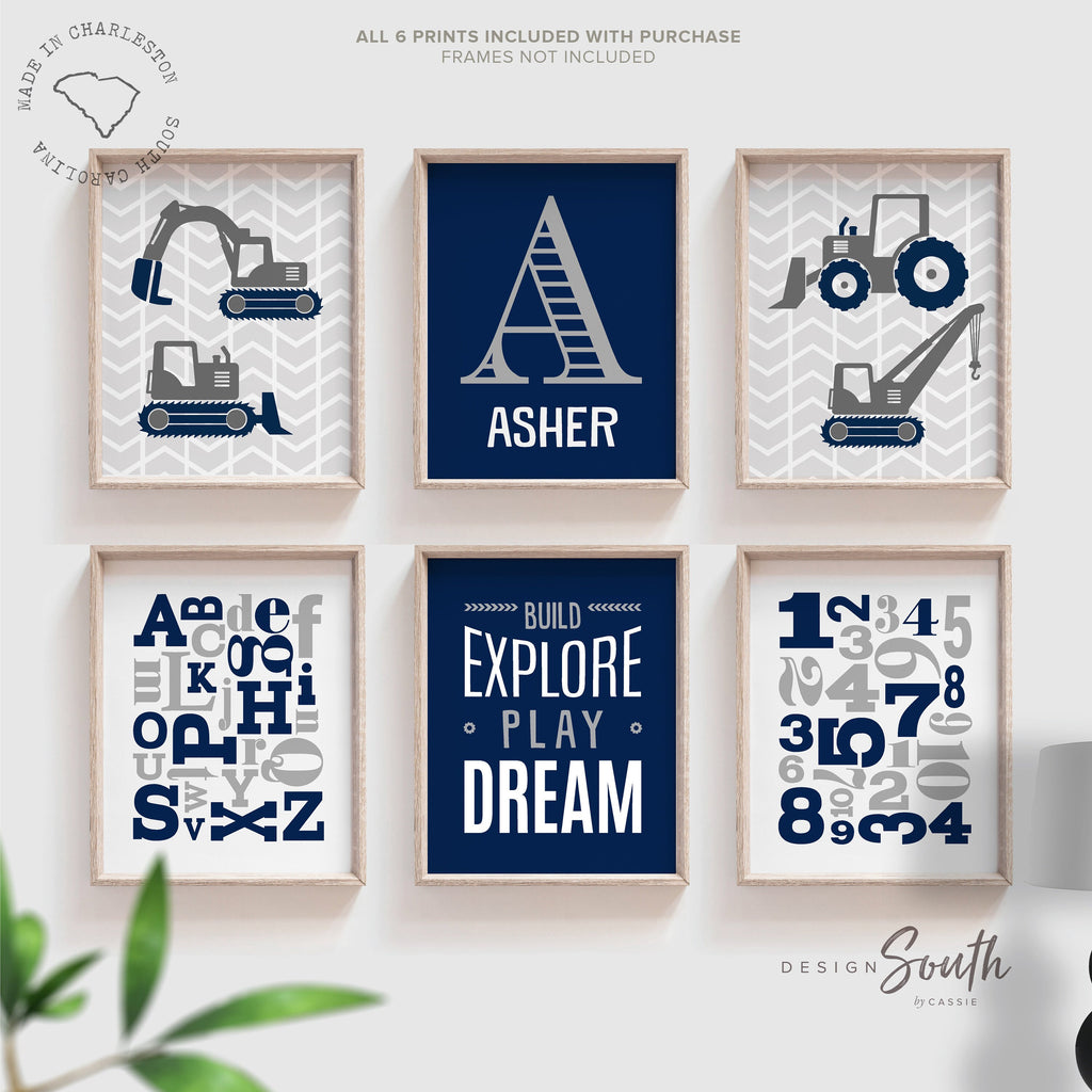 Blue gray construction bedroom theme, little boy construction decor, construction with quote abcs 123 boys name, build explore prints
