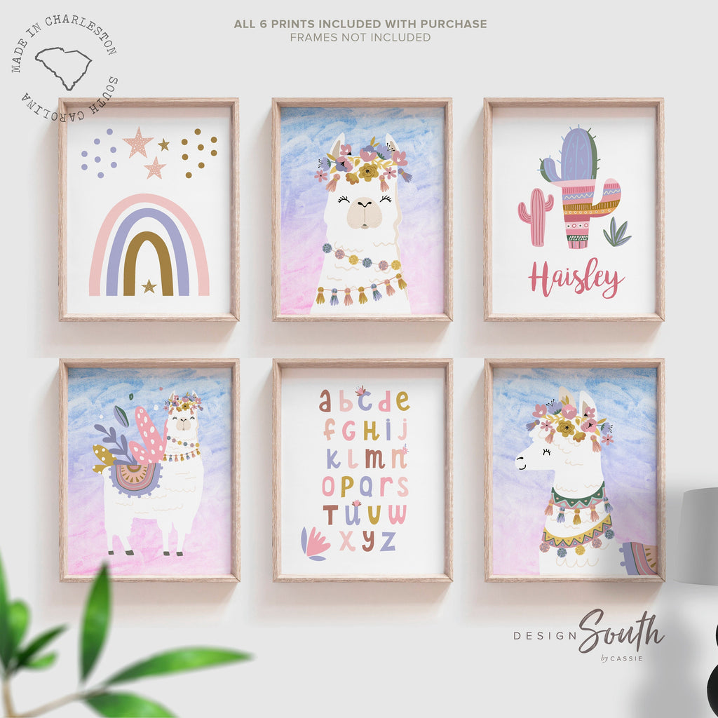 Llama themed girls nursery room wall art, llama baby girl gift, llama baby name gift, purple nursery baby room decor, desert girl bedroom