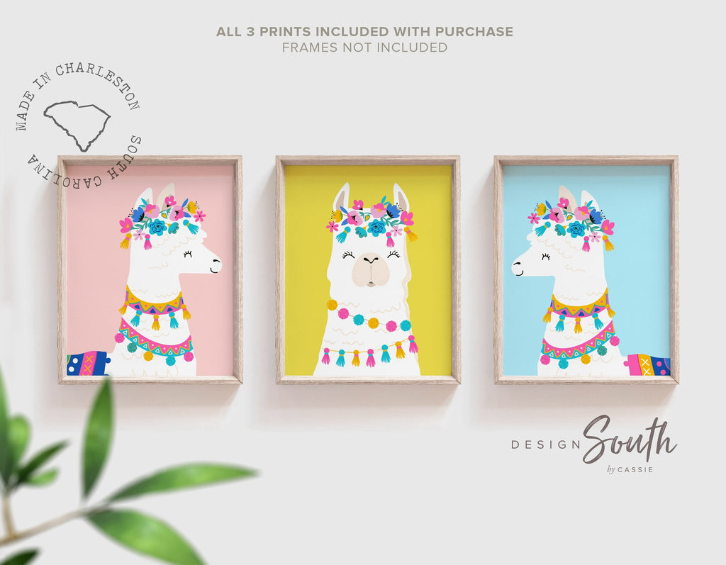 Girls bedroom floral llama succulent theme decor, alpaca baby room decor, llama art print set, floral theme boho nursery decor llama alpaca