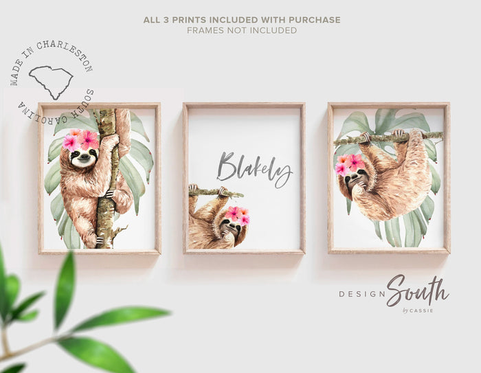 Girl sloth wall art set, sloth themed baby girl nursery, sloth nursery ideas for girl, personalized girl's name sloth tropical room decor
