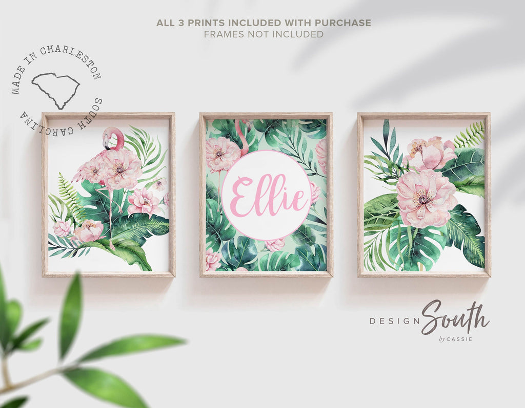 Flamingo nursery tropical decor, custom name flamingo art set, nursery prints nursery wall art, flamingo flower wall art, set of 3 tropical
