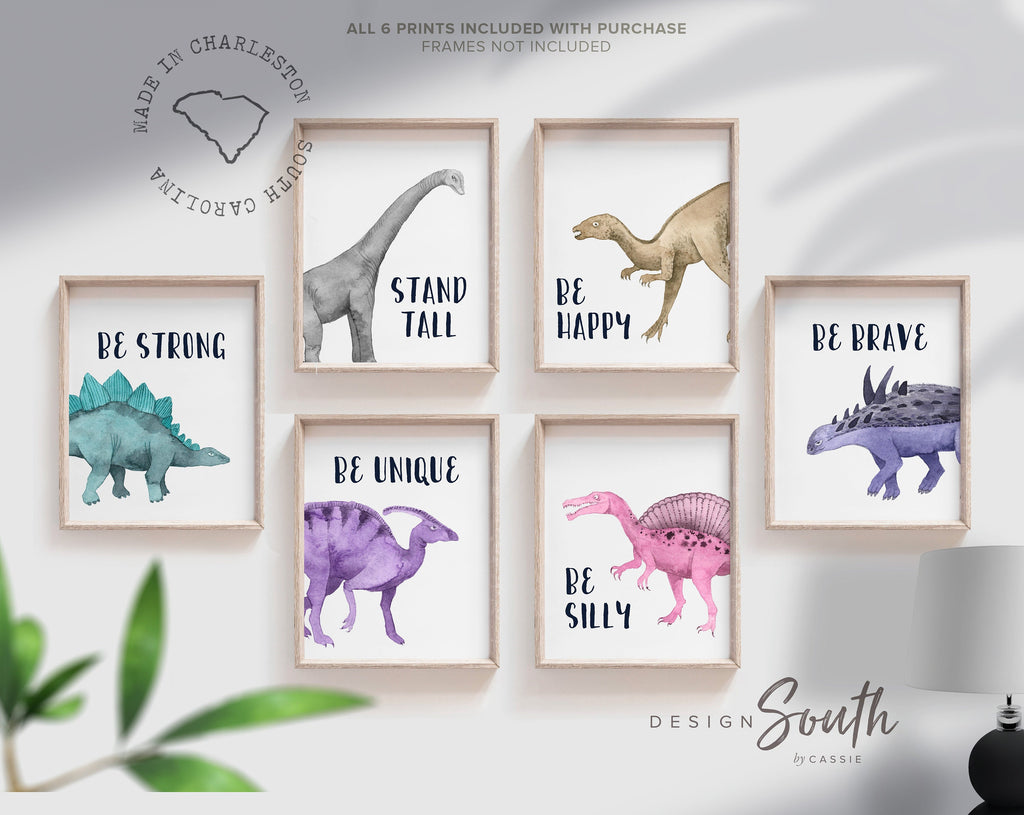 Boy/girl shared playroom wall dinosaurs, boy girl dinosaur wall art, playroom kids wall decor ideas, set of 6 inspirational wall prints kids
