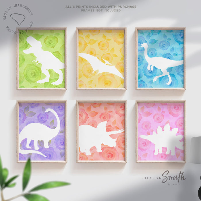 Girly floral dinosaur decor, girl's room flower dinosaur art, pink yellow green blue dinosaur themed art, girl dinosaur room, girl dinosaurs