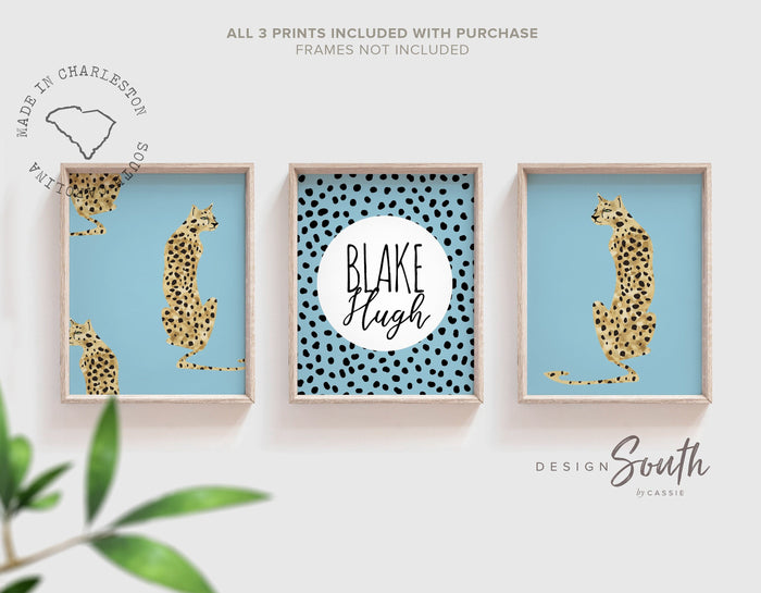 Baby blue leopard cheetah prints, blue jungle cheetah, boy safari nursery art personalized, unisex cheetah art, boho jungle blue vintage art