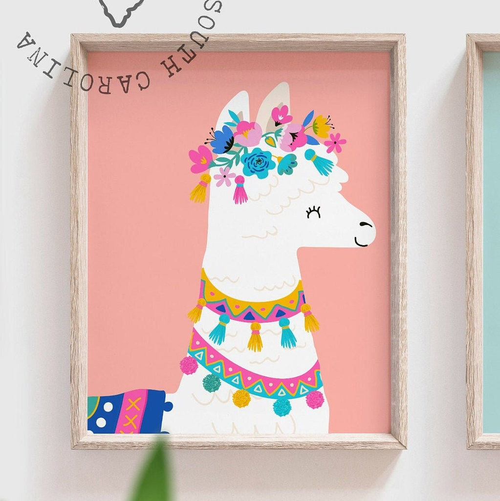 Alpaca cute cactus animal colorful, girl fiesta illustration, llama art prints cacti, modern kids baby girl llama, teenage girl wall decor