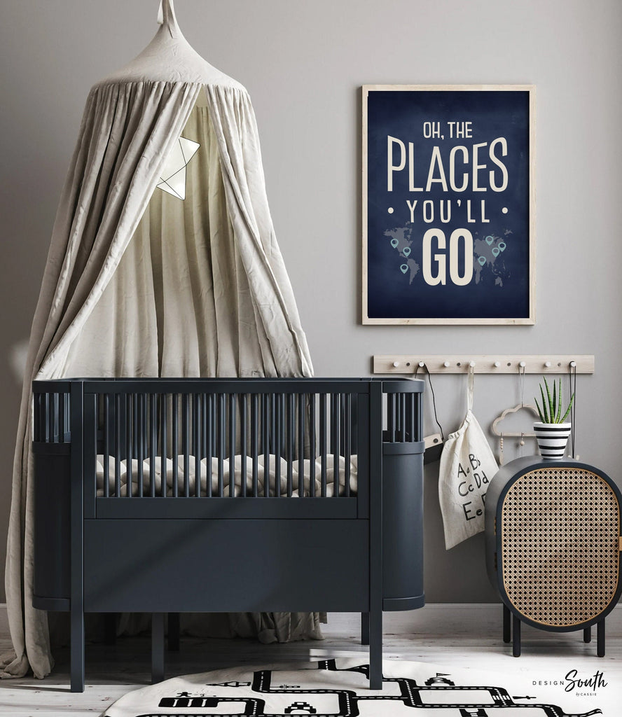 Transportation theme for boys nursery or bedroom, personalized name print for boys, oh the places youll go, orange, blue, navy, car nursery