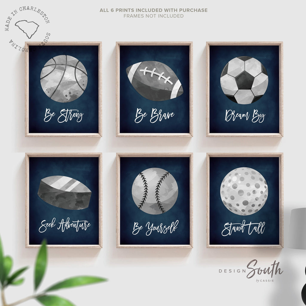 Navy blue and gray sports-themed wall art prints perfect for a boys’ bedroom or nursery. Features various sports elements designed to inspire a love of athletics in kids. Great for a sports-themed boys’ room or as a birthday party gift. Ideal for decorating a baby boy’s nursery or older boy’s sports-themed room with a modern navy and gray color palette. Adds a playful and energetic touch to any space, creating a fun, active environment.