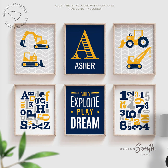 Construction boy bedroom theme, little boy construction truck art, construction with quote abc's 123's boy's name, build explore play dream