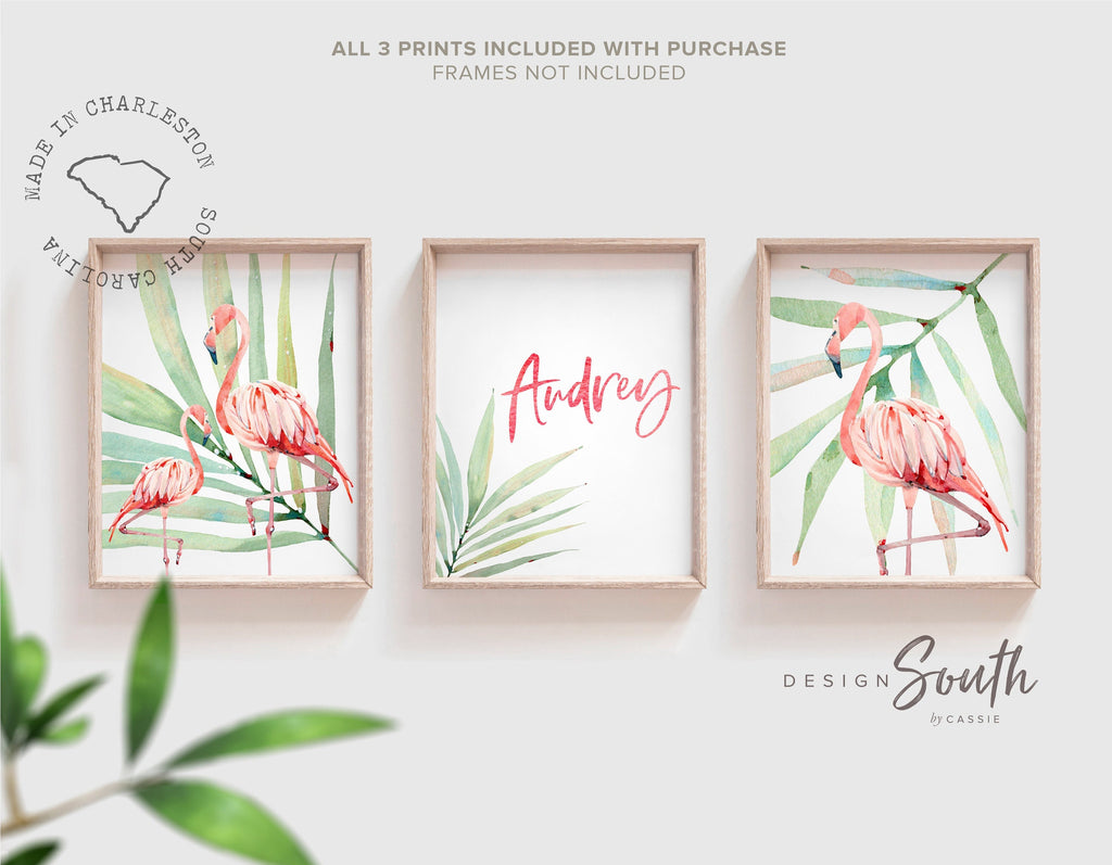 Pink and green nursery art, pink green nursery decor baby name personalized, flamingo girls name, custom girl sign tropical nursery themed