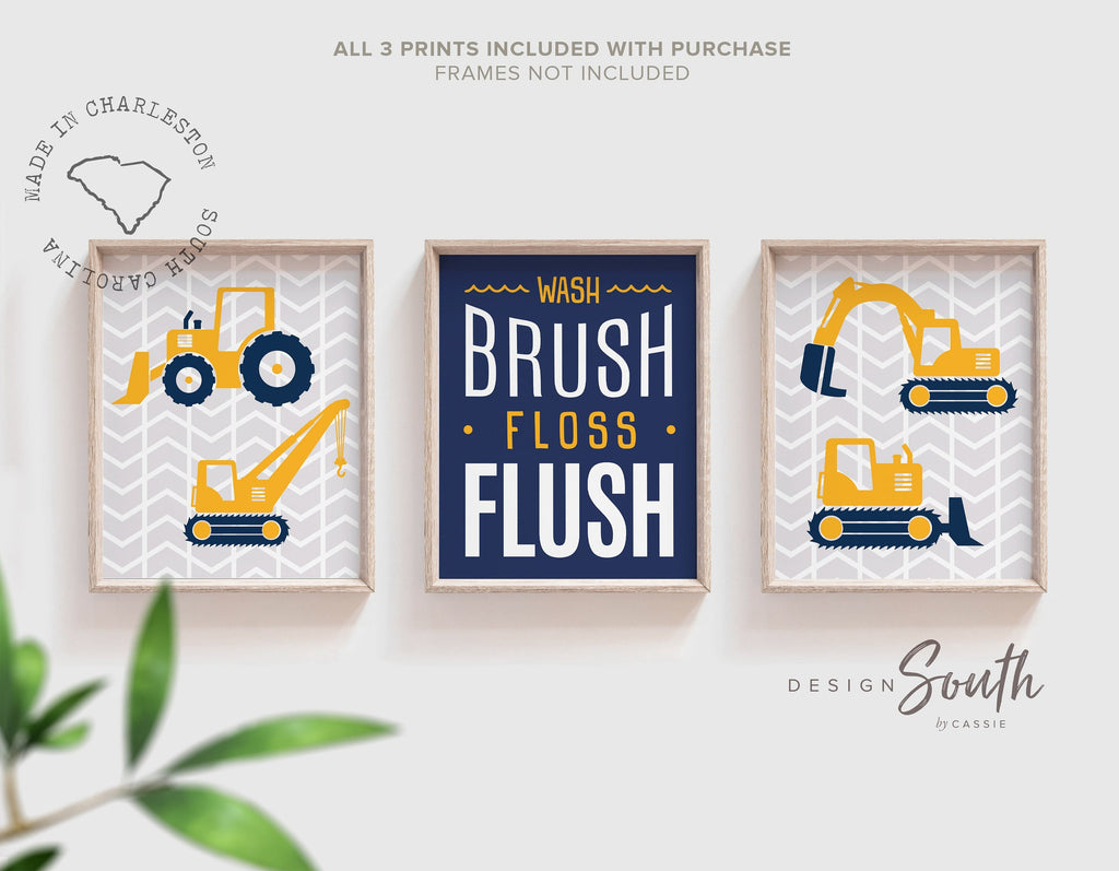 Construction trucks, construction boys bathroom, boys construction bathroom, navy blue boys bathroom, dump truck bathroom, dump truck art