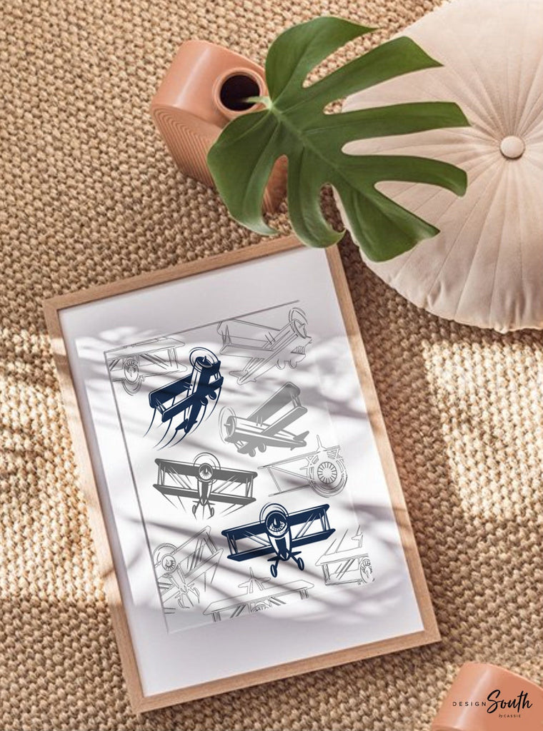 Transform your child&#39;s space with airplane-themed boys&#39; bedroom wall decor. Perfect for a flight transportation-themed room, this collection brings the wonder of aviation to life. Ideal for airplane kids&#39; rooms, nurseries, or bedrooms, these prints capture the spirit of adventure and the thrill of flight. A thoughtful pilot-themed newborn gift, this artwork inspires imagination and dreams of soaring through the skies. Elevate any space with this charming aviation-inspired decor.