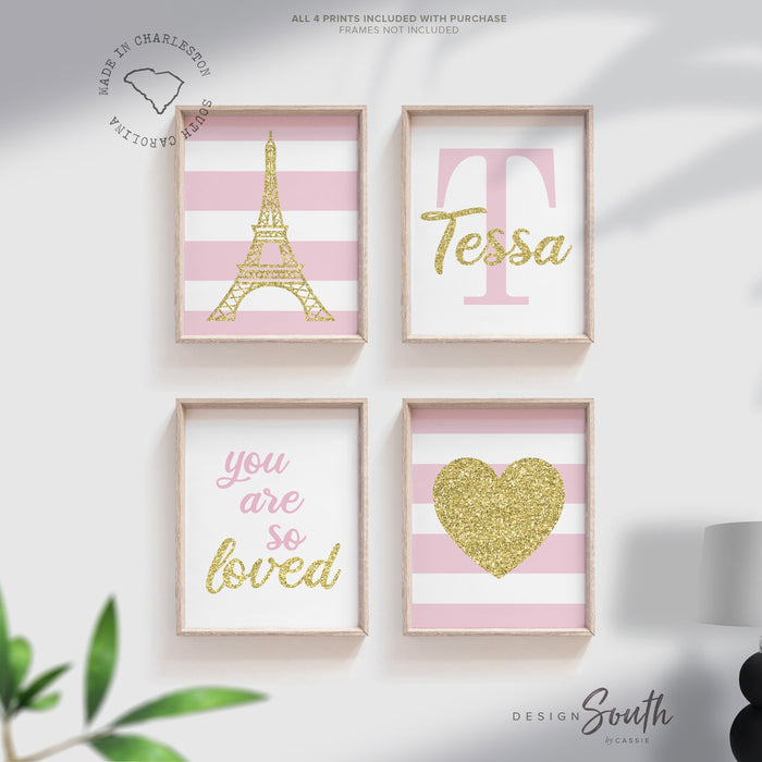 Purple paris girl print, purple gold paris room art, gold eiffel tower, girl's personalized name sparkly paris themed, art print set paris