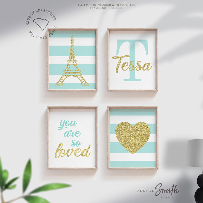 Purple paris girl print, purple gold paris room art, gold eiffel tower, girl's personalized name sparkly paris themed, art print set paris