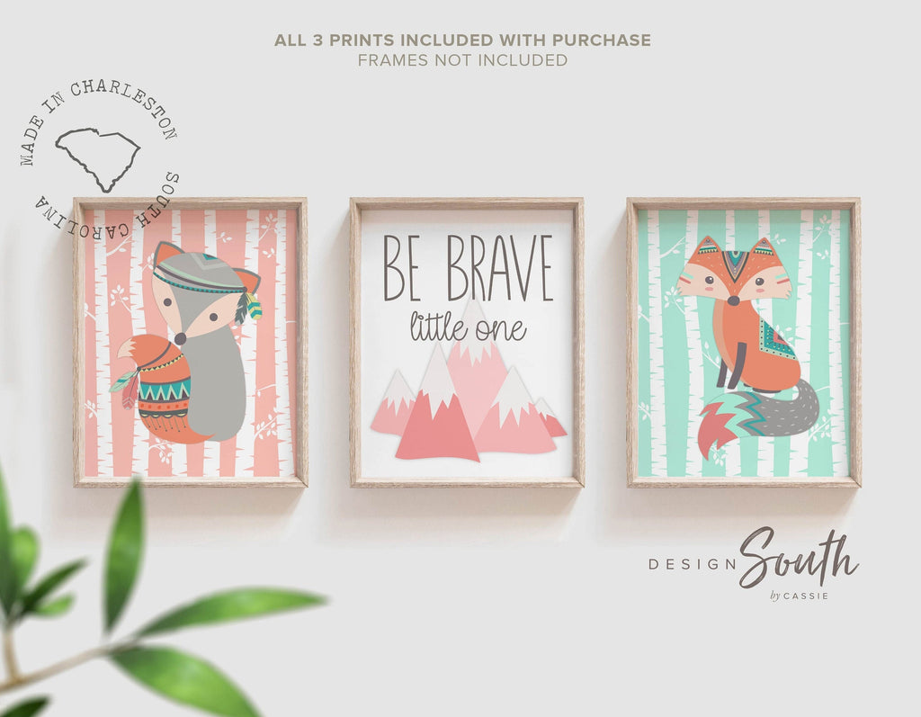 Girl fox, pink coral and mint woodland, girl tribal nursery, baby girl woodland, fox nursery prints, fox wall art, fox nursery decor, boho
