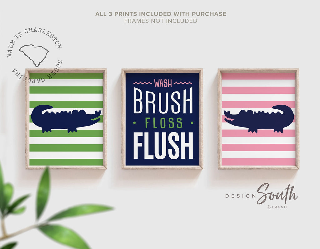 Bathroom decor, alligator bathroom decor, childrens bathroom decor, boy girl bathroom, pink, navy blue, green, wash, brush, floss, flush