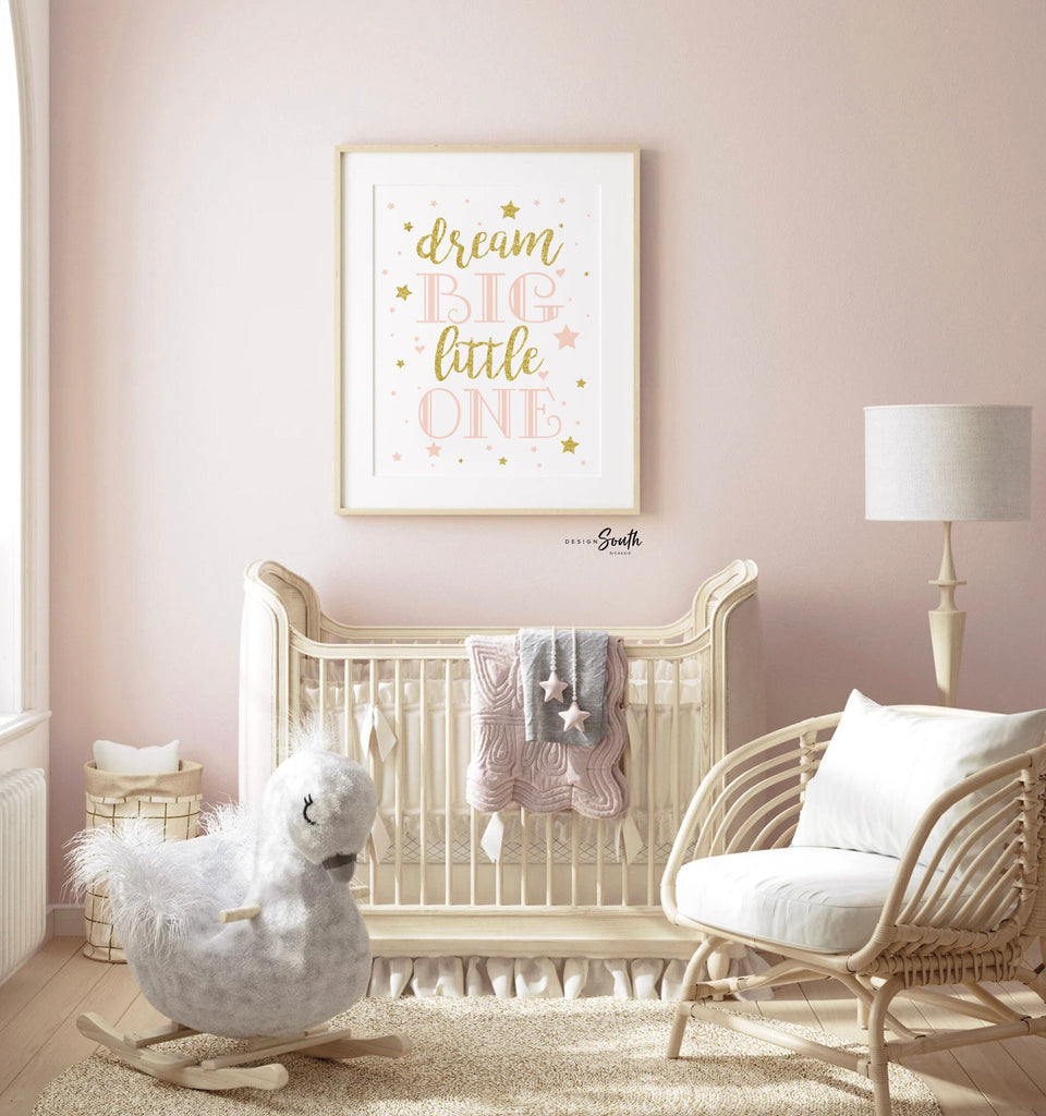 Dream big little one blush gold girls nursery wall decor, girl&#39;s bedroom and gold decor, nursery theme cloud star moon girl, gift for girl