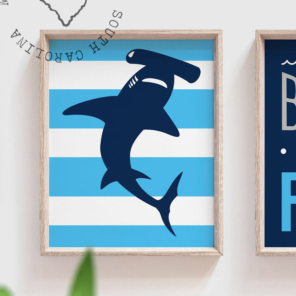 Shark theme bathroom, big boy bathroom art, blue sharks, gift for boy shark, kids bathroom navy blue, shark bite wash brush floss flush sign