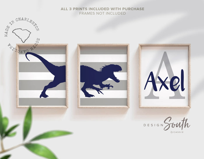 Navy & Gray Dinosaur Wall Art — Personalized Boys' Room Set of 3