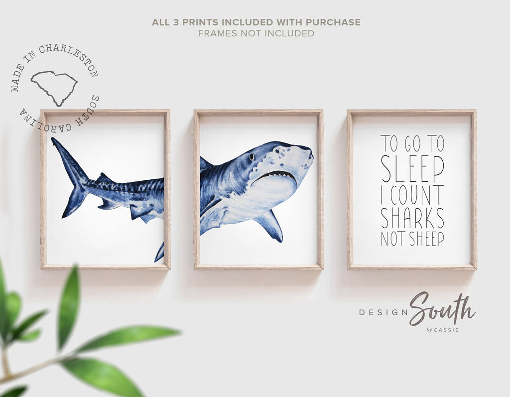 Set of shark-themed nursery wall art prints featuring the quote “To go to sleep I count sharks not sheep.” Perfect for a baby boy’s room or ocean-themed nursery, this playful and modern artwork adds a fun touch to boys&#39; bedrooms or toddler spaces. Includes watercolor-style shark illustrations and bold text, ideal for a shark lover’s room or under-the-sea decor. A great gift for baby showers, birthdays, or parents creating a shark or marine life theme for their little one.
