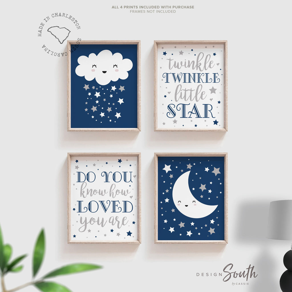 Moon and stars nursery wall art set in navy blue and gray, perfect for a celestial-themed baby boy nursery. Features moon, stars, and clouds, adding a whimsical and dreamy touch to any child&#39;s room. Ideal baby boy art, this star and moon decor brings a calming, magical vibe to a nursery, playroom, or toddler&#39;s room. Beautiful celestial art wall decor that complements modern nursery themes, creating a cozy and imaginative space for your little one.