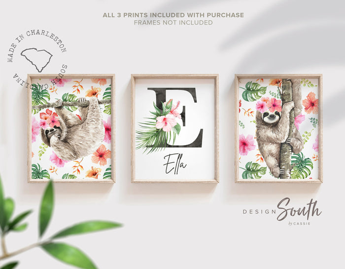Tropical Sloth Nursery Prints: Watercolor Baby Animal Theme, Monogram Decor