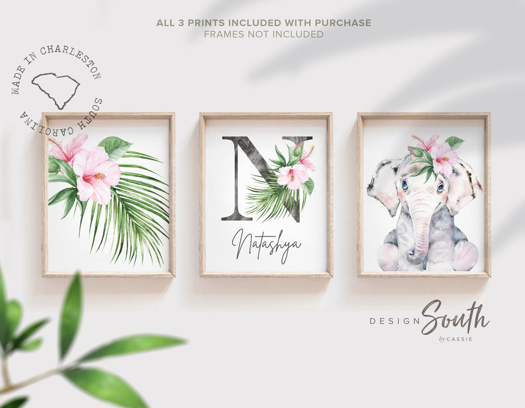 Girl nursery decor, elephant tropical leaves nursery art, jungle theme botanical baby girl wall, coastal nursery decor, pink tropical decor