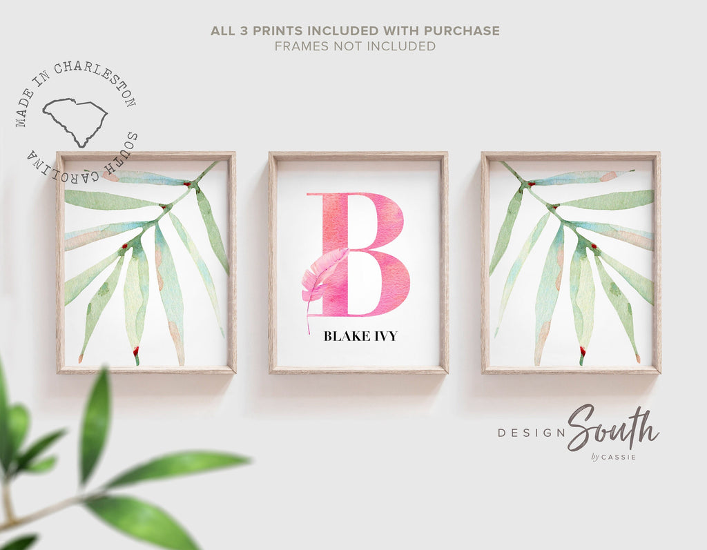 Girl tropical plants initial name nursery decor, tropical leaf watercolor decor, girls nursery tropical theme, pink tropics nursery baby art